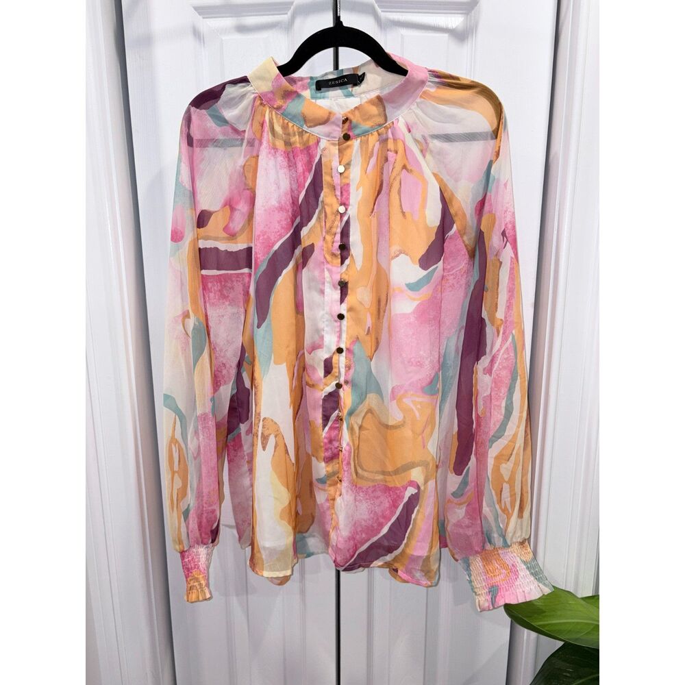 ZESICA Sheer Abstract Floral Button Front Blouse Size XL